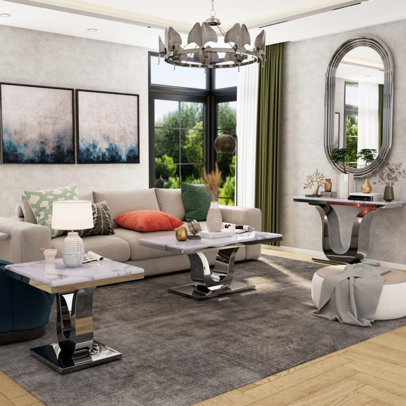 Table Set with Mirrored U-Shaped Base Glam Living Room Furniture