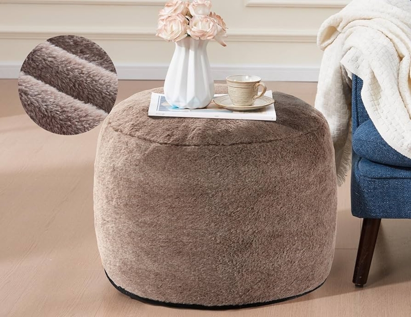 Tall Cylindrical Woven Pouf Ottoman in Brown Fabric