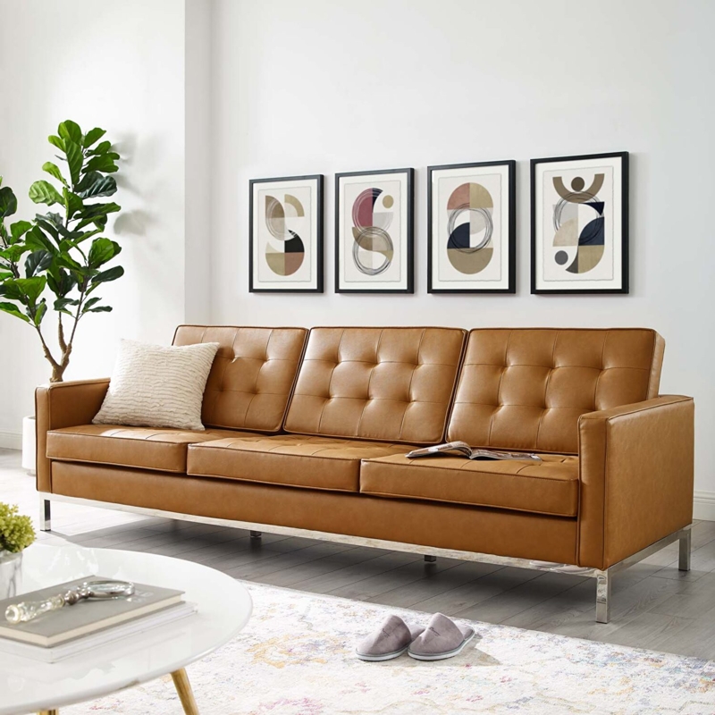 Tan Faux Leather Sofa Vertical Channel Tufting Silver Sled Legs