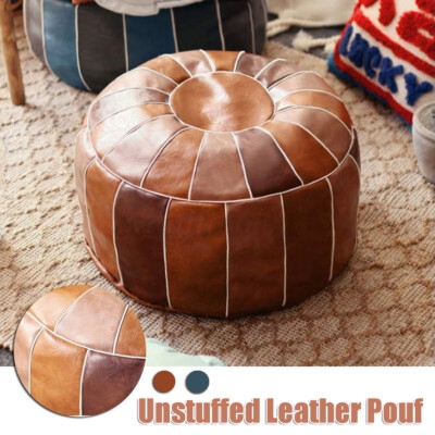 Tan Leather-Like Pouf with White Embroidery, Bohemian Floor Seating