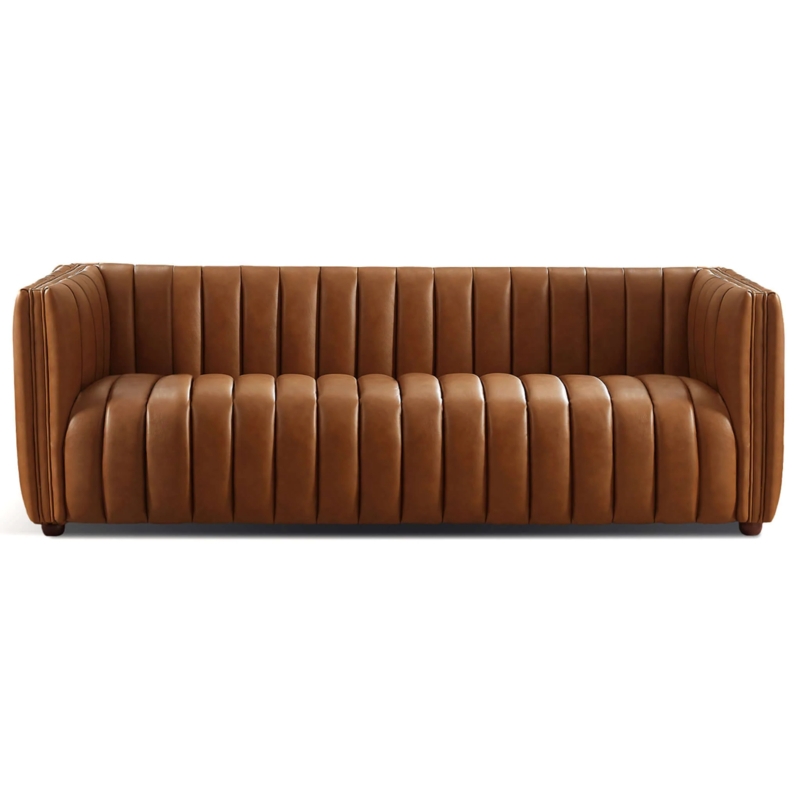 Tan Leather-Like Sofa Tight Back Tapered Legs Mid-Century