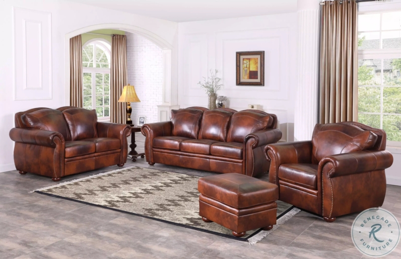 Tan Leather Living Room Set with Oversized Rolled Arms