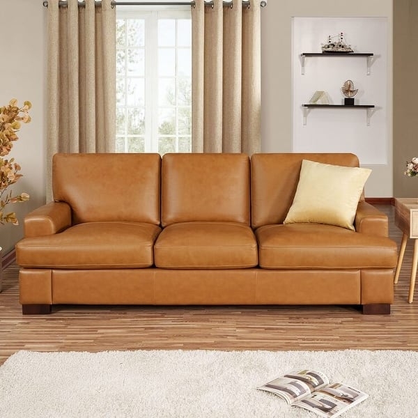 Tan Mid Century Modern Sofa Leather Like Bolster Pillows Tapered Legs