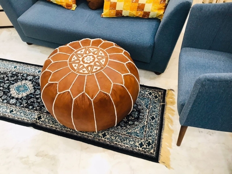 Tan Moroccan Pouf with Side Handle Leather Style Floor Cushion