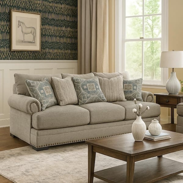 Taupe Gray Sofa with Traditional Rolled Arms and Bun Feet