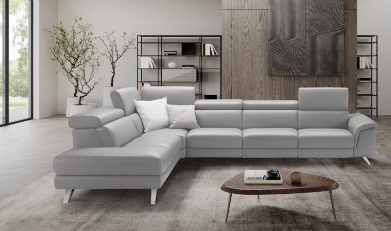 Taupe Leather-Like Sectional L-Shaped Adjustable Headrest Metal Legs