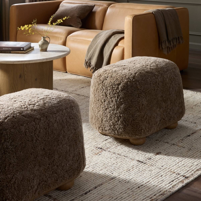 Taupe Shearling Oval Ottoman Low Profile Plinth Base Cozy