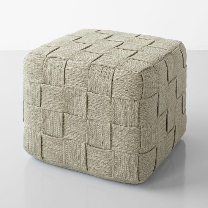 Taupe Woven Fabric Cube Ottoman featuring Seam Detailing Minimalist