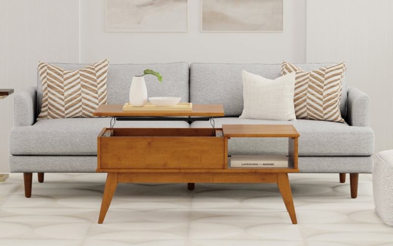 Teak Brown Lift Top Coffee Table with Mid-Century Tapered Wood Legs