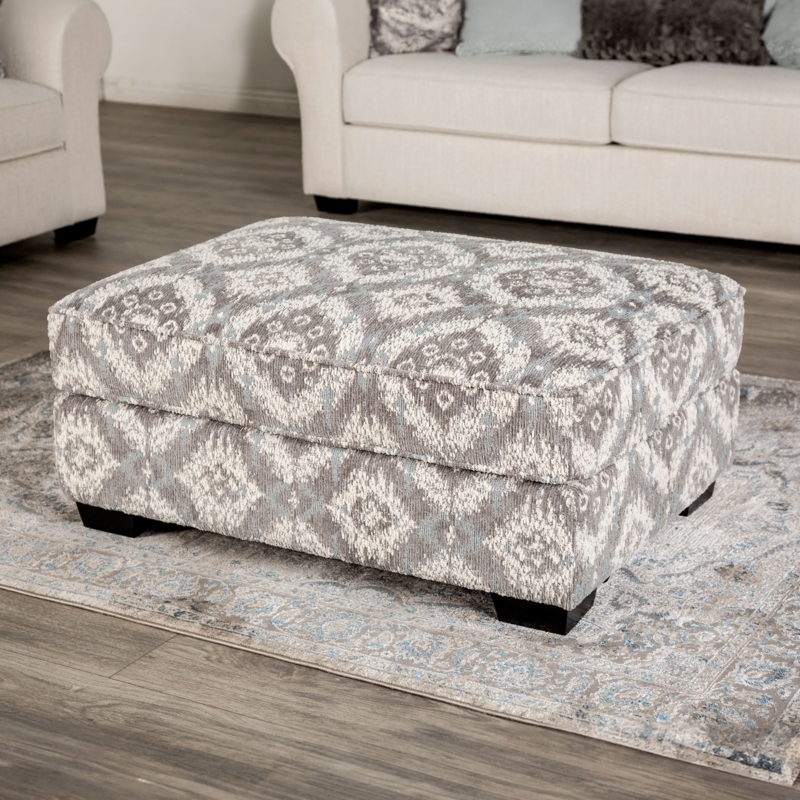 Teal and Cream Ikat Pattern Ottoman, Wood Legs