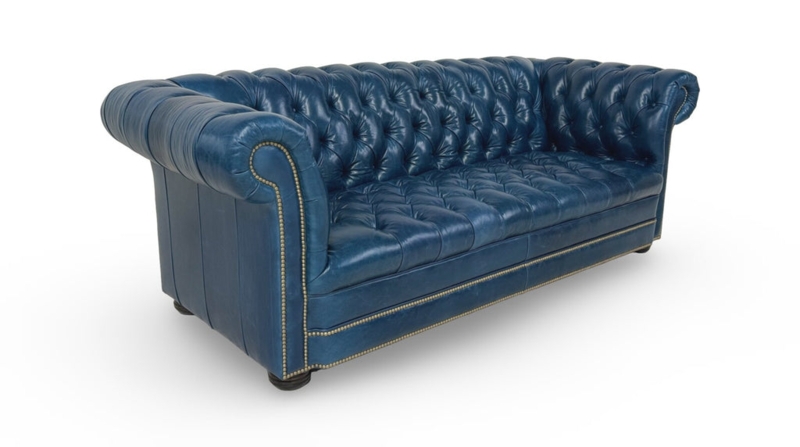 Teal Blue Leather-Like Chesterfield Sofa, Deep Button Tufting, Bun Feet
