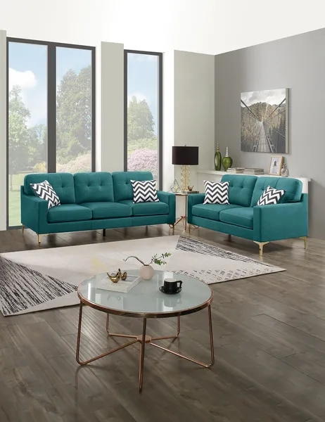 Teal Blue Velvet Living Room Set Tufted Tapered Wood Legs Mid-Century