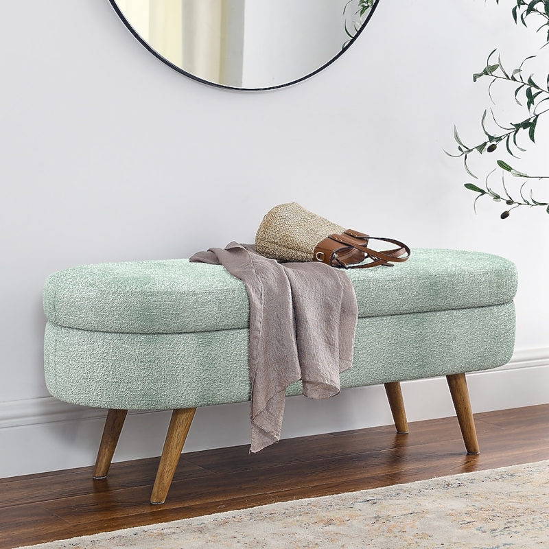 Teal Oval Storage Bench Tufted Top with Tapered Wood Legs