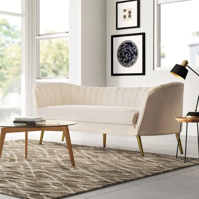 Teal Velvet Glam Sofa with Flared Arms, Round Pillows & Gold Legs