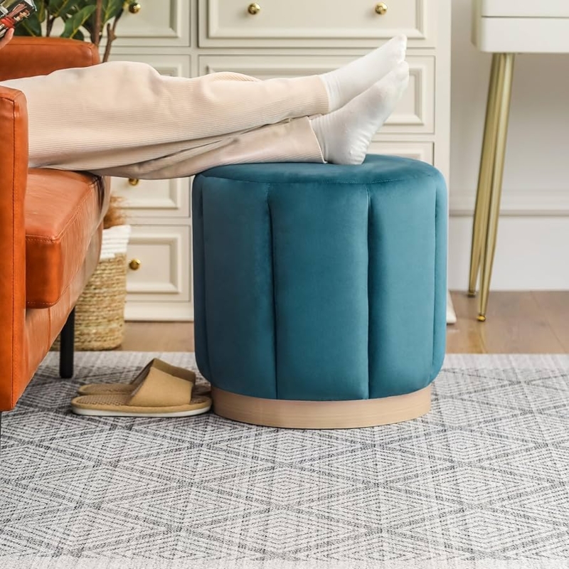 Teal Velvet Ottoman with Channel Tufting and Gold Base