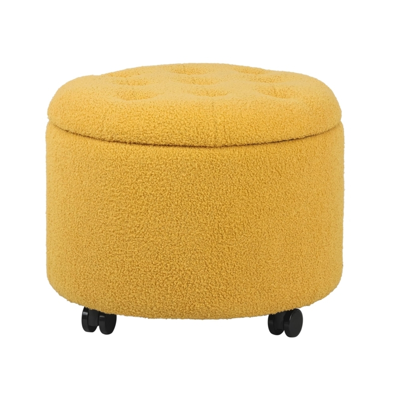 Teddy Velvet Storage Ottoman with Rolling Wheels, Mustard Yellow