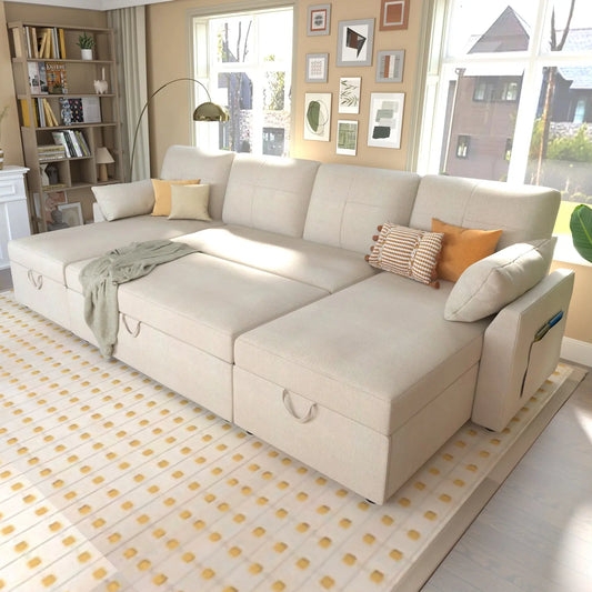 Textured Beige Sectional Sofa with Modular Chaise Lounge