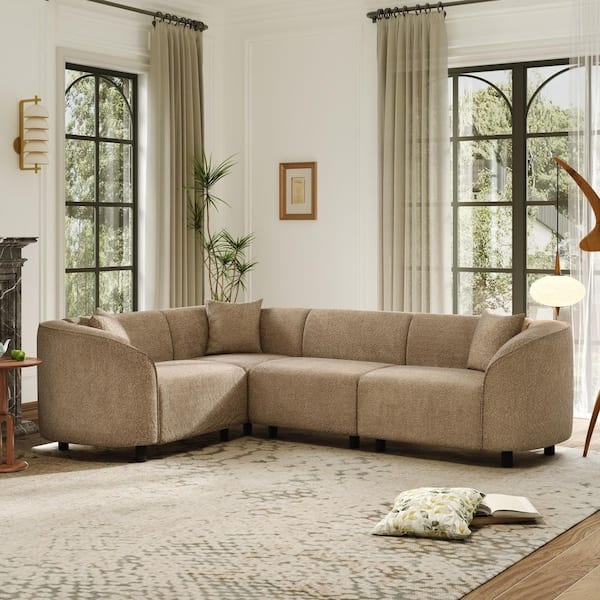 Textured Boucle Sectional Sofa Low Profile L-Shaped Design