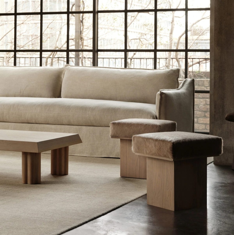 Textured Linen Sofa Detail with Natural Wood Block Legs