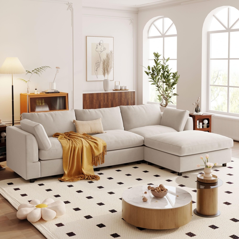 Textured Sectional Sofa L-Shaped Ottoman, Large L-Shaped Sofa with Ottoman.