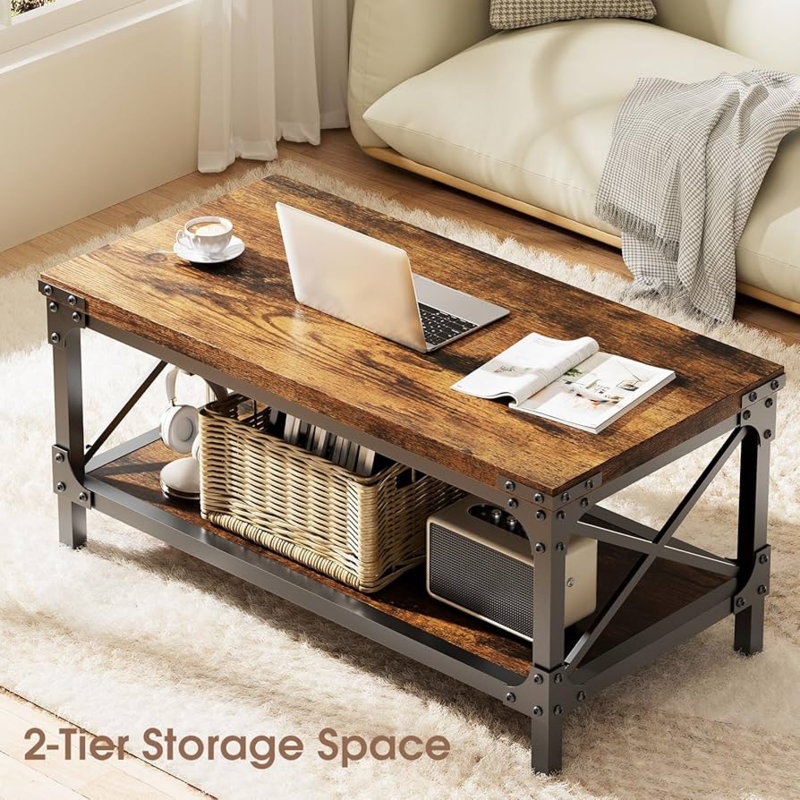 Thick Top Coffee Table with Two Tiers and Metal Frame