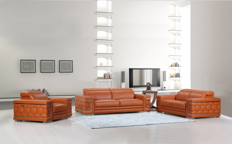 Three-Piece Living Room Set Leather Track Arms Stitched Seams