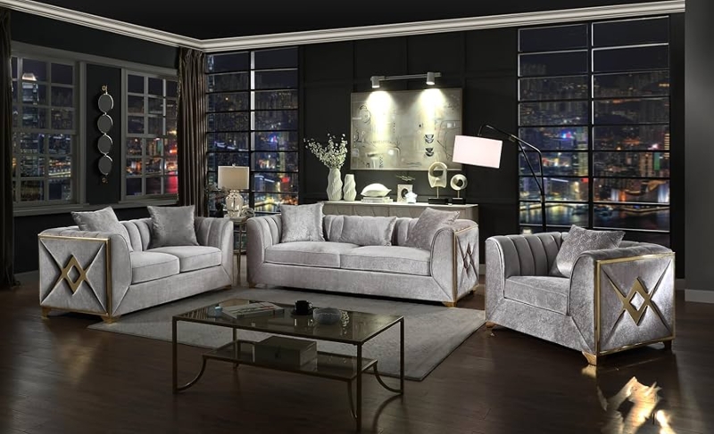 Three-Piece Set with Flared Arms and Grid Tufting