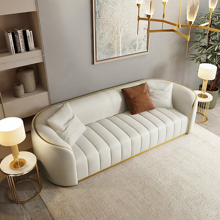 Three Seater Sofa Off-White Faux Leather with Tapered Gold Legs