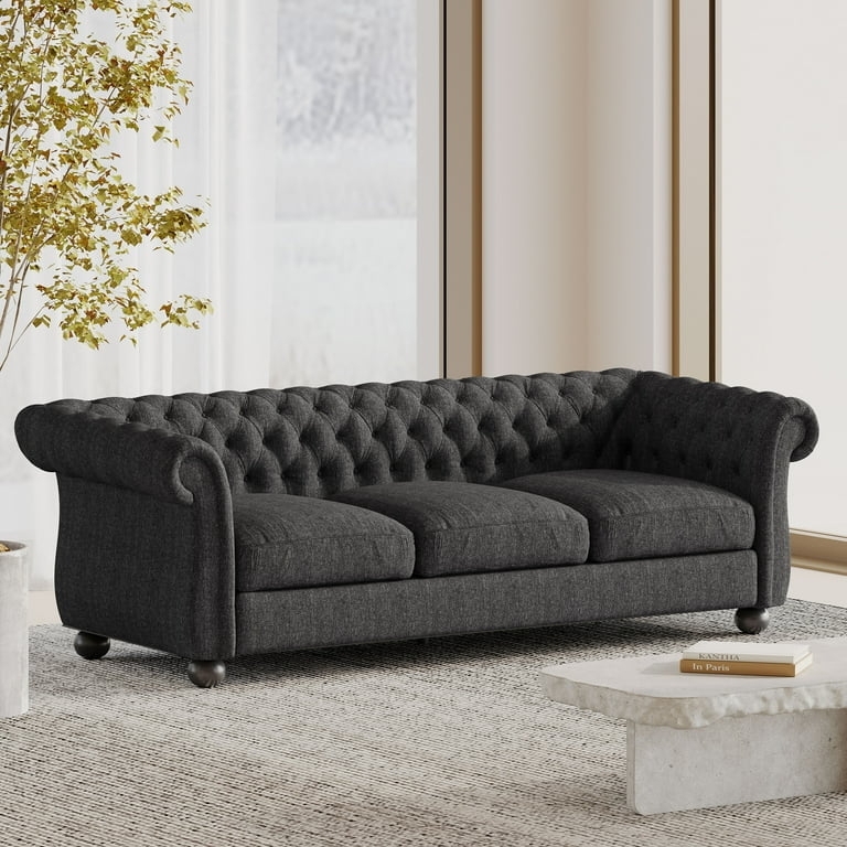 Three Seater Sofa with Charcoal Tweed Texture and Button Tufting, Mid-Century