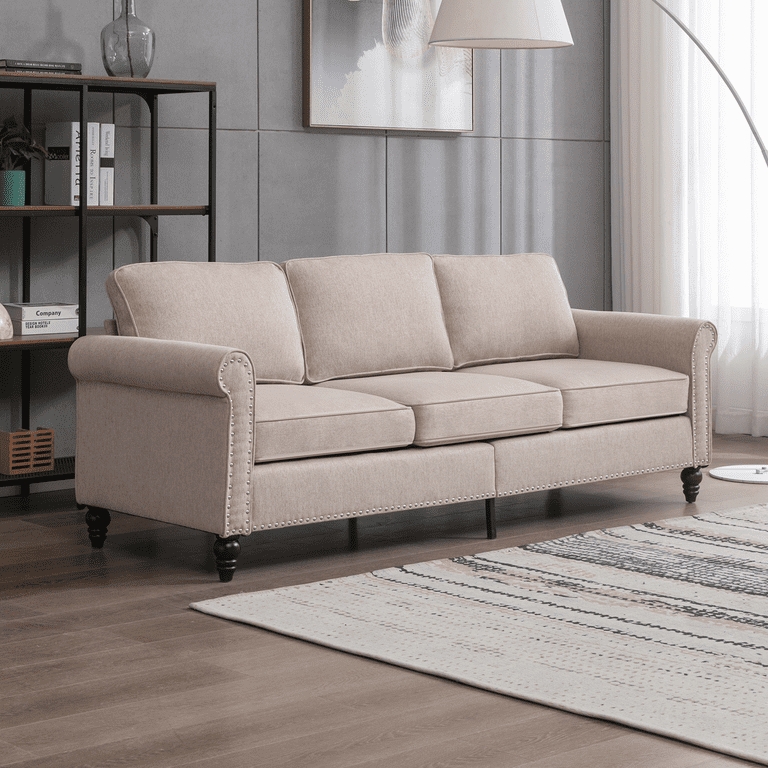 Three-Seater Sofa with Tapered Wood Legs, Linen-Like Texture