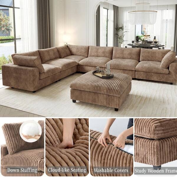 Tobacco Brown Velvet Sectional Square Arms with Ottoman Modular