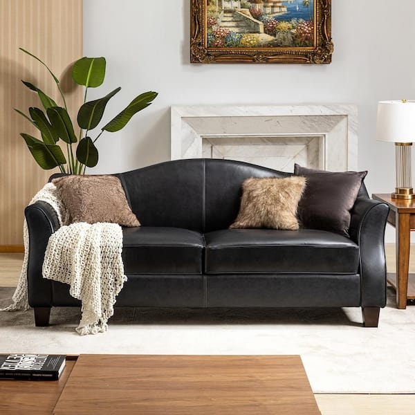 Traditional Black Leather Sofa with Flared Arms and Tapered Legs