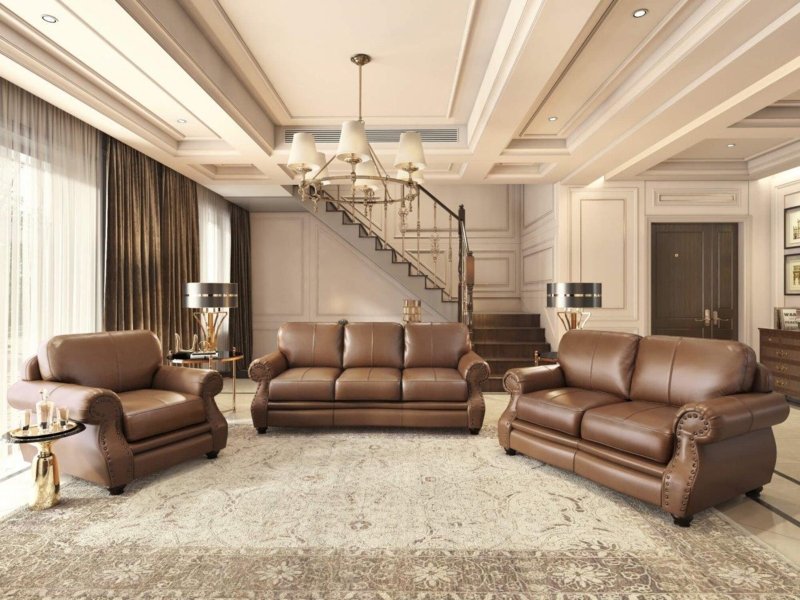 Traditional Brown Leather Sofa Set with Rolled Arms and Nailhead Trim