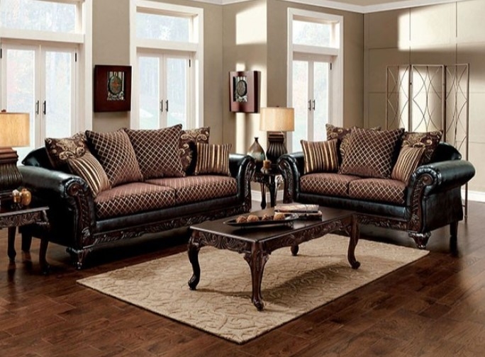 Traditional Brown Living Room Set Ornate Carved Wood Trim