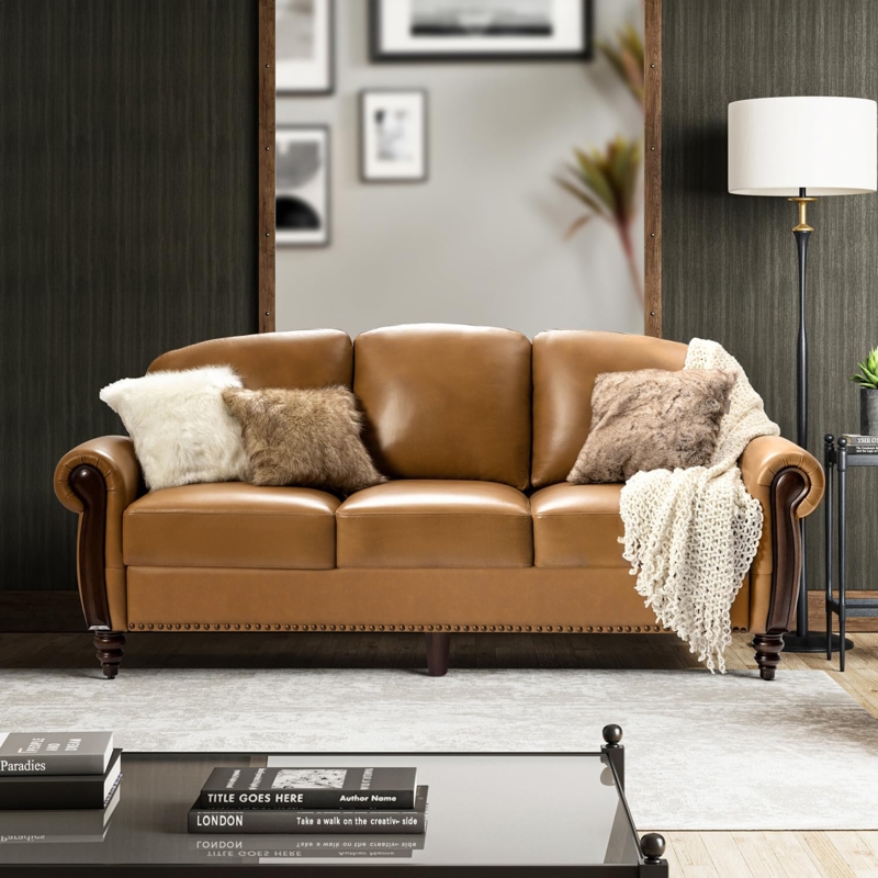 Traditional Button Tufted Sofa with Carved Wood Legs and Rolled Arms