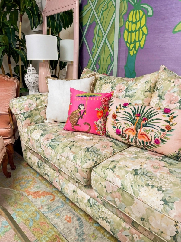 Traditional Camelback Sofa with Skirt and Pastel Botanical Upholstery