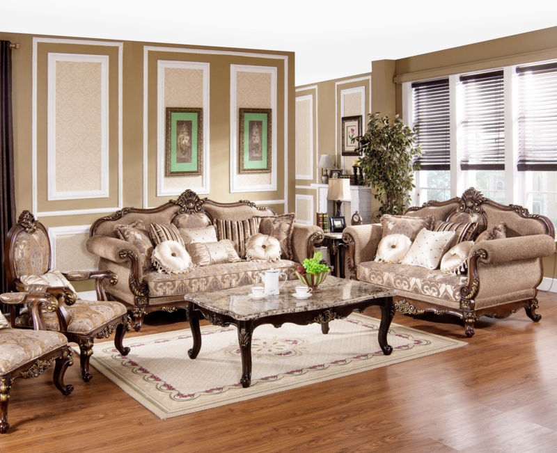 Traditional Carved Wood Living Room Set Button Tufted Beige Cabriole Legs