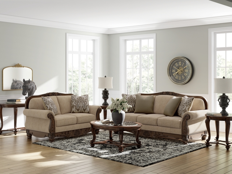 Traditional Charcoal Gray Sofa Set, Rolled Arms with Nailhead Trim