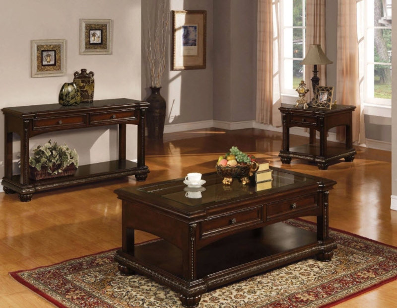 Traditional Cherry Coffee Table with Metal Accents and Lower Shelf