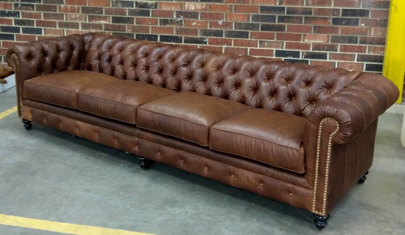 Traditional Cognac Leather Four-Seat Sofa with Rolled Arms