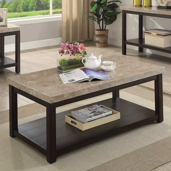 Traditional Dark Walnut Coffee Table with Stone Look Top