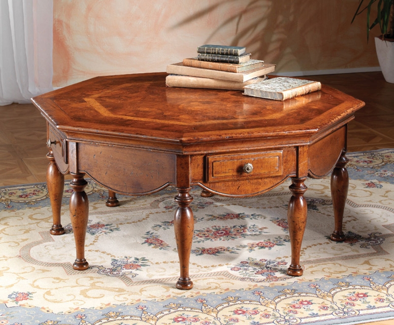 Traditional Dark Wood Octagonal Coffee Table with Pedestal Base