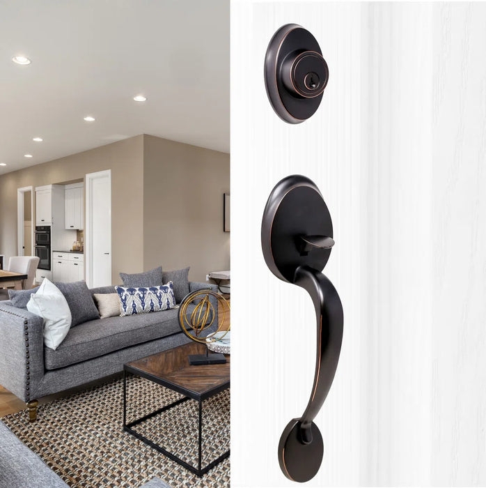 Traditional Door Handleset with Curved Lever in Dark Bronze