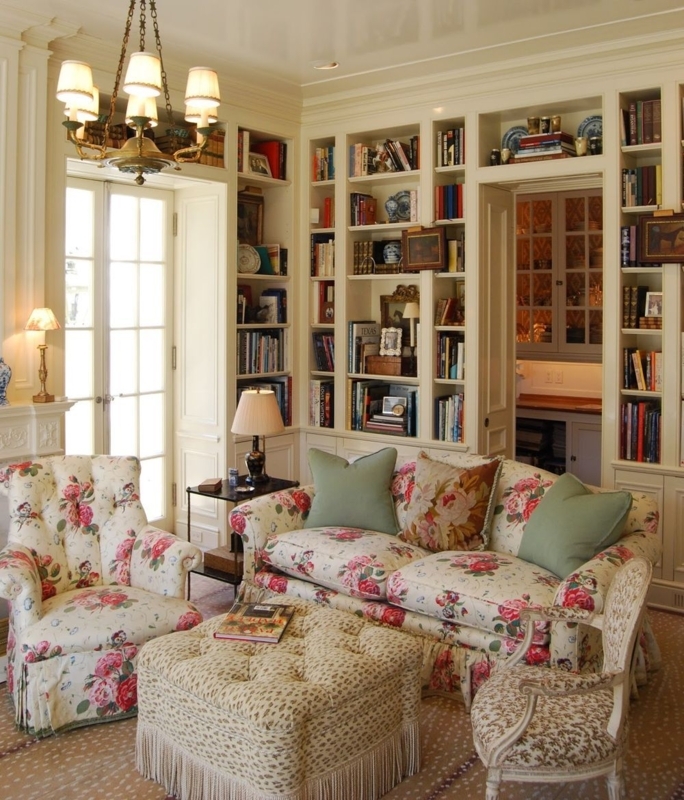Traditional Floral Sofa, Skirted Base, Pink Walls, Wainscoting Decor