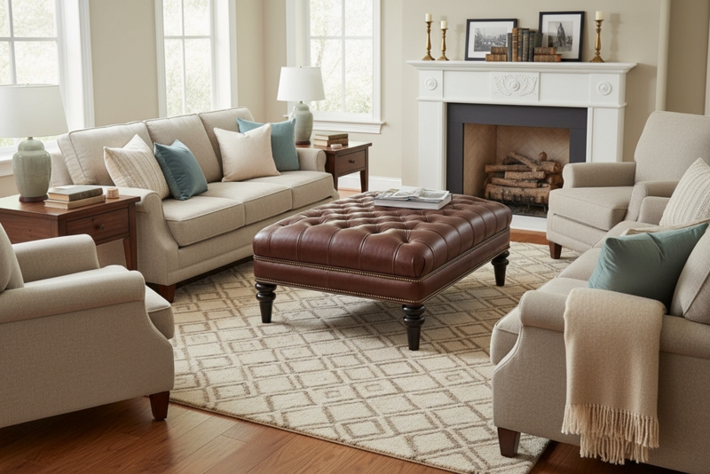 Traditional Leather-Like Tufted Ottoman with Casters