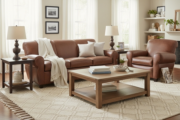 Traditional Leather Living Room Set, Nailhead Trim