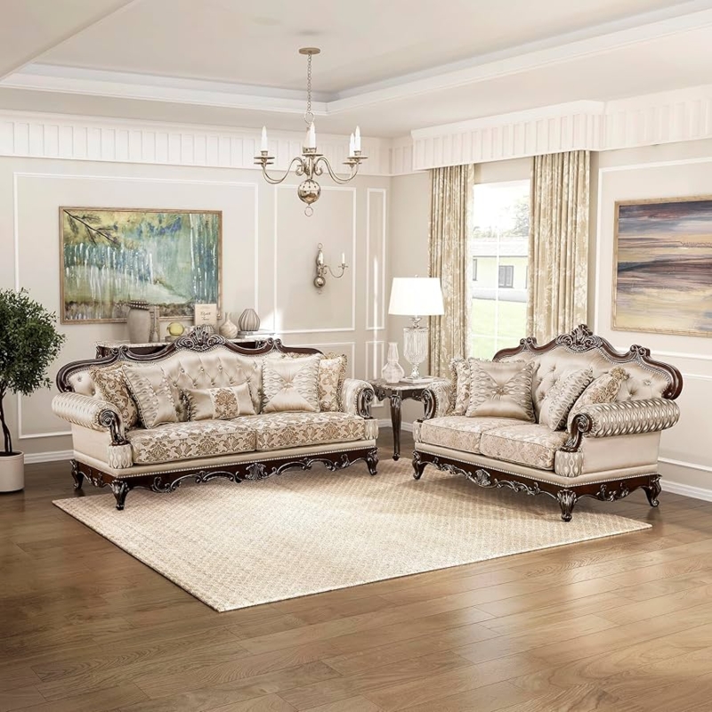 Traditional Living Room Set Cabriole Legs Carved Wood Trim Brown