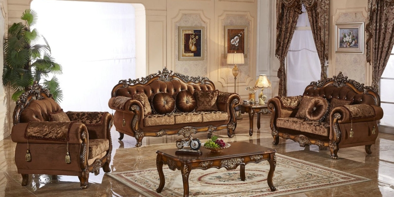 Traditional Living Room Set: Dark Brown with Ornate Tapestry Pillows (74 chars)