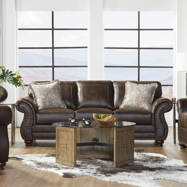Traditional Living Room Set Espresso Tufted Nailhead Leather-Like