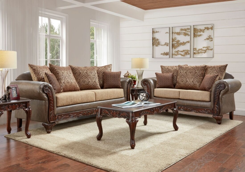 Traditional Living Room Set Two Tone Nailhead Trim Rolled Arms Tassels